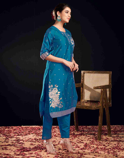 Rama Blue Silk Woven Straight Kurta Set With Dupatta