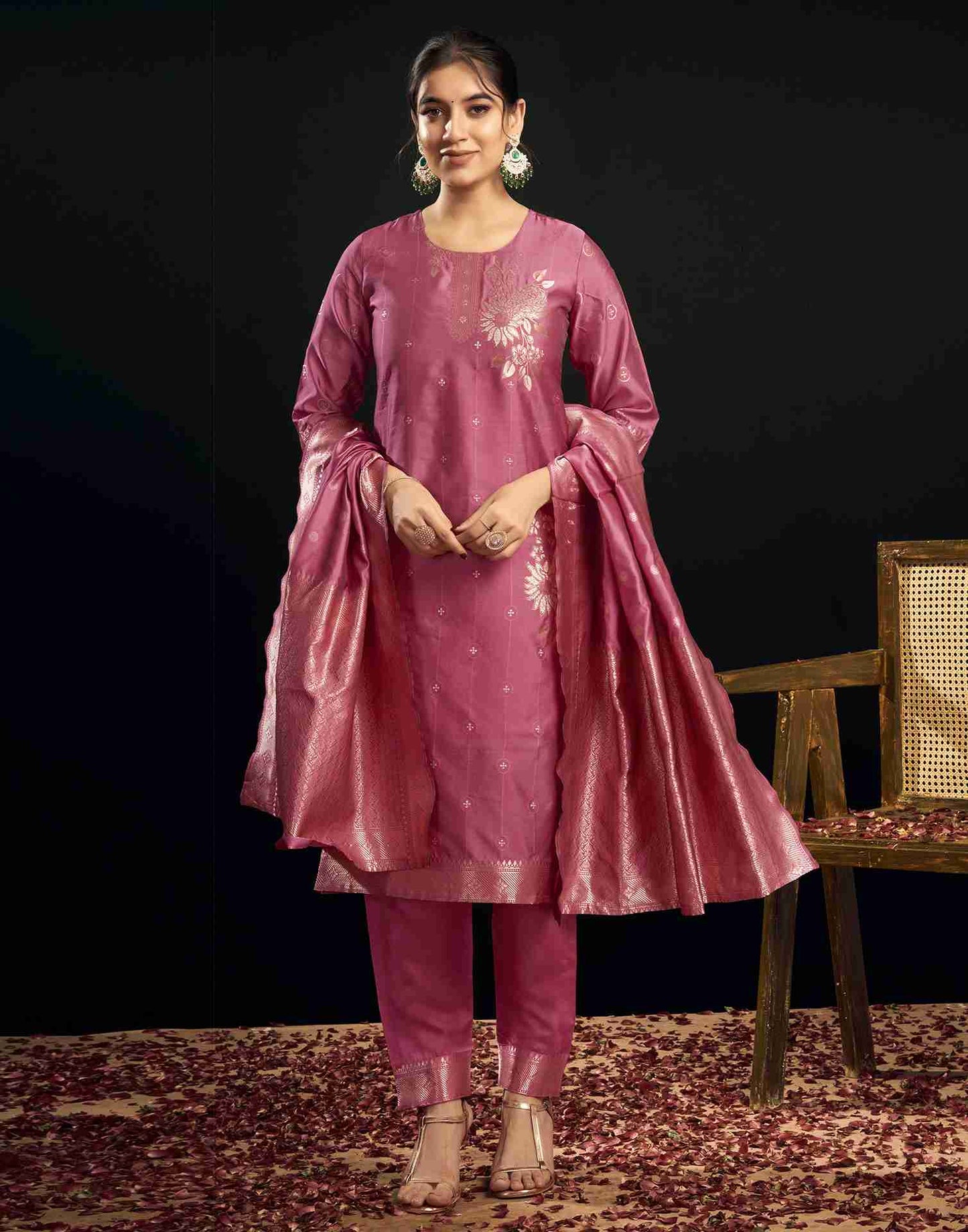 Ross Pink Silk Woven Straight Kurta Set With Dupatta