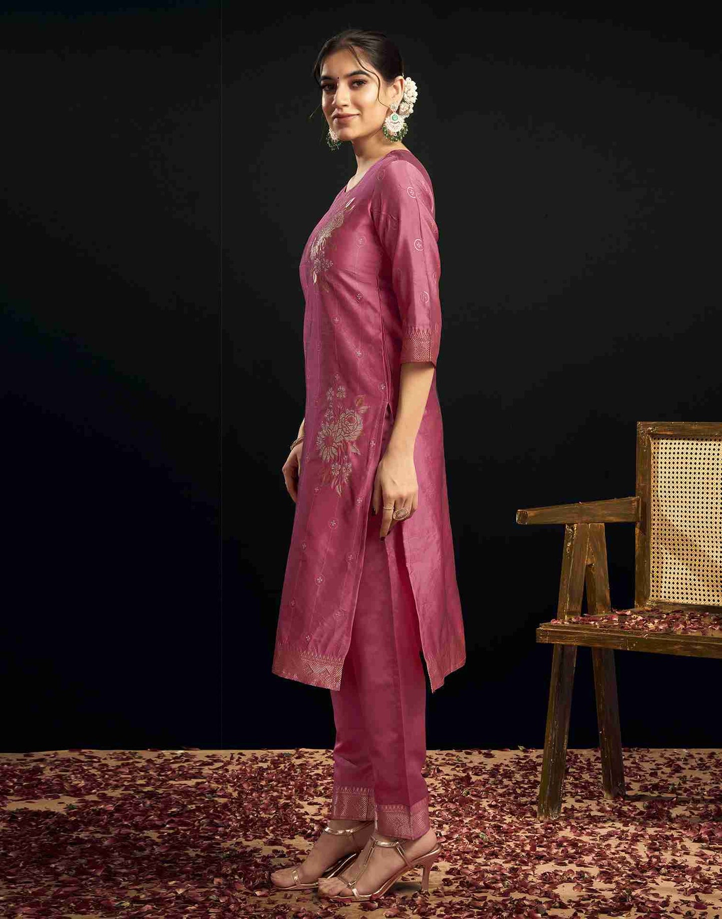 Ross Pink Silk Woven Straight Kurta Set With Dupatta