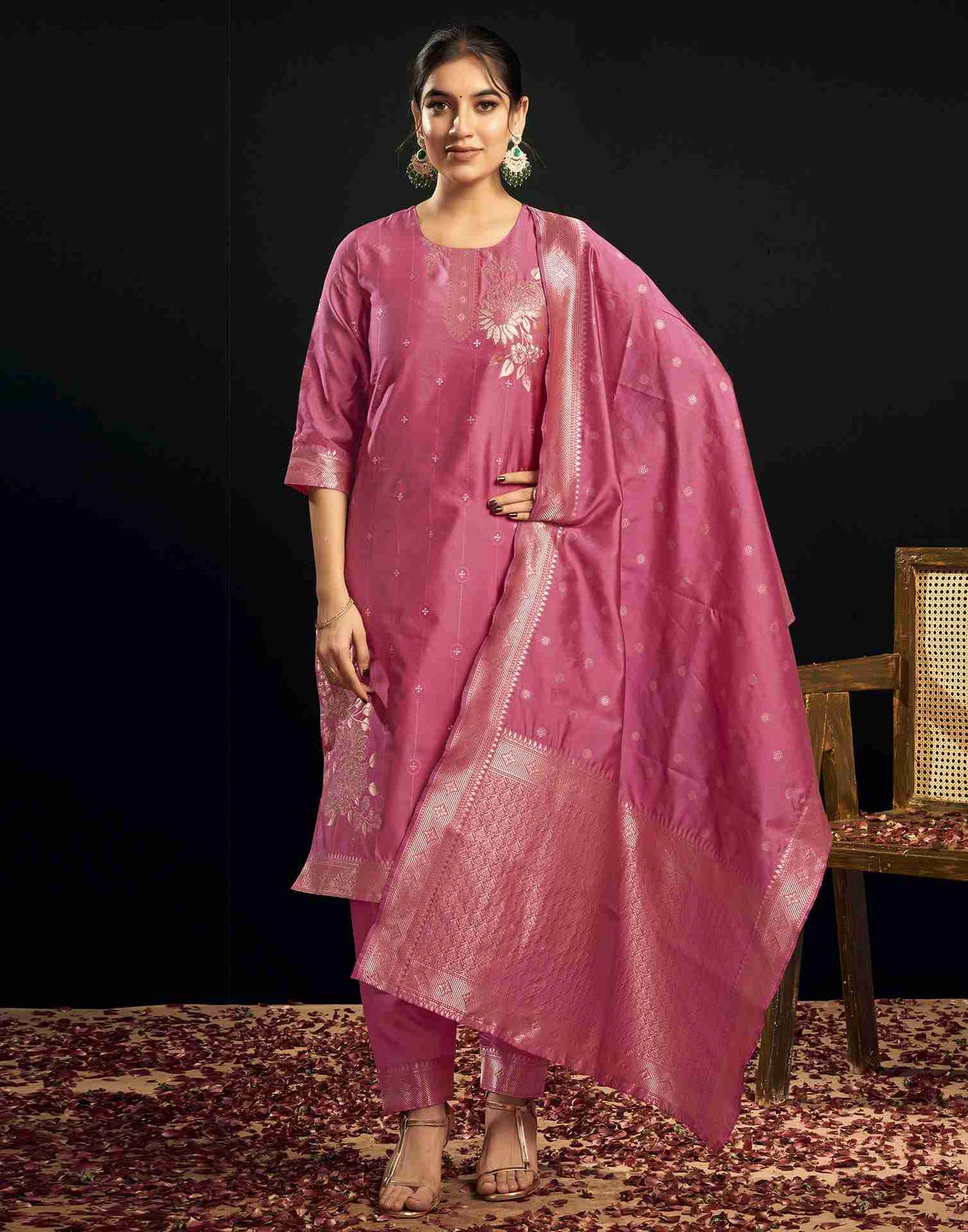 Ross Pink Silk Woven Straight Kurta Set With Dupatta