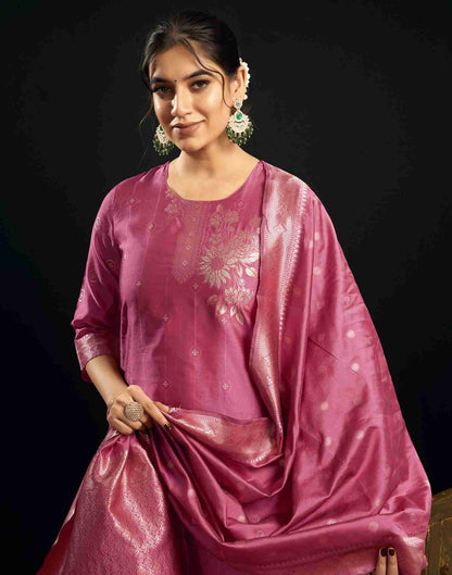 Ross Pink Silk Woven Straight Kurta Set With Dupatta