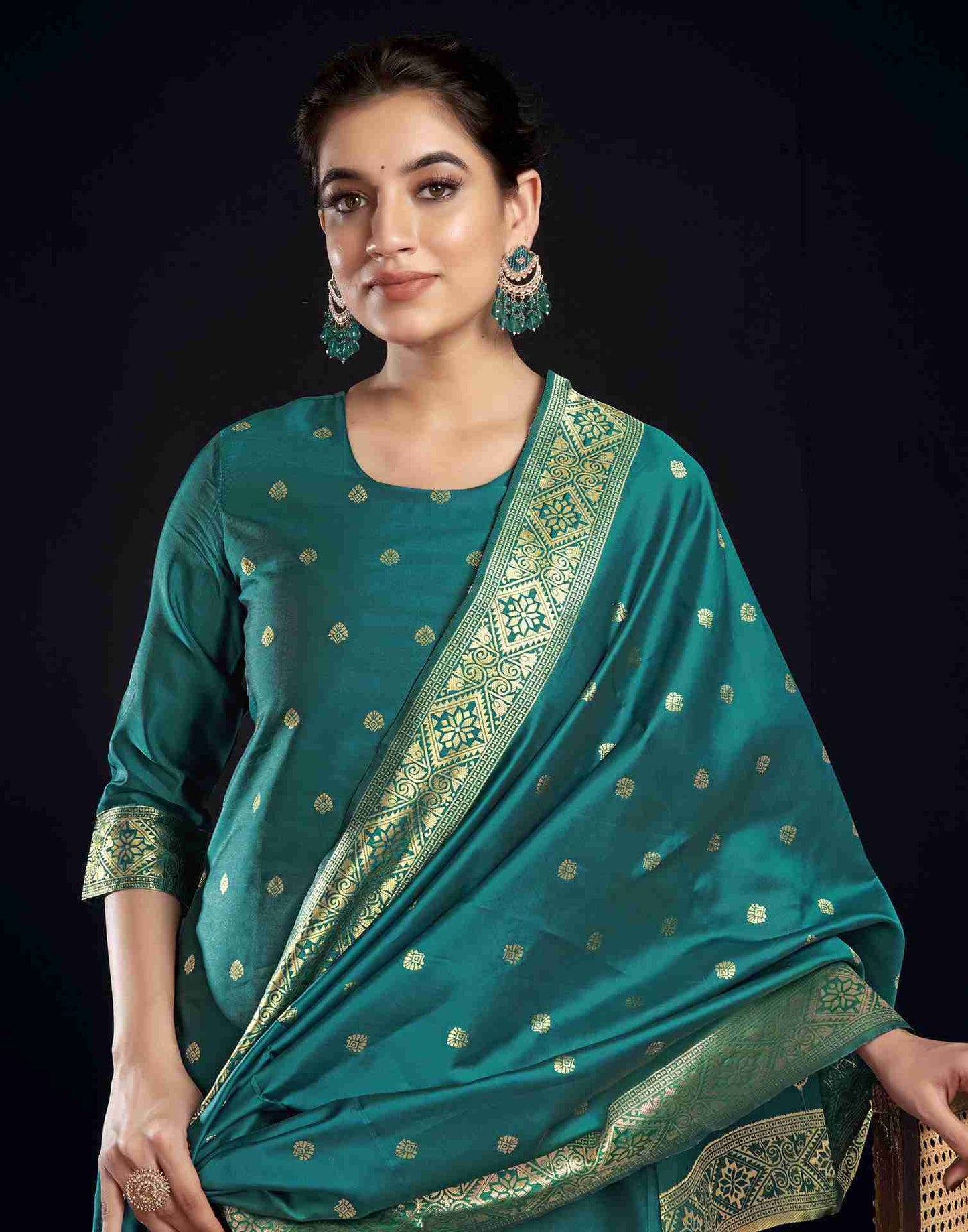 Teal Green Silk Woven Straight Kurta Set With Dupatta