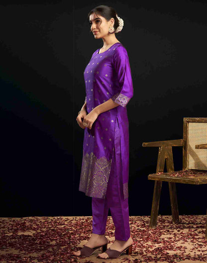 Violet Silk Woven Straight Kurta Set With Dupatta