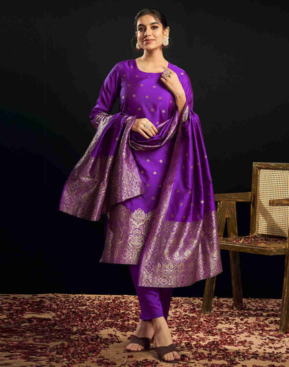 Violet Silk Woven Straight Kurta Set With Dupatta