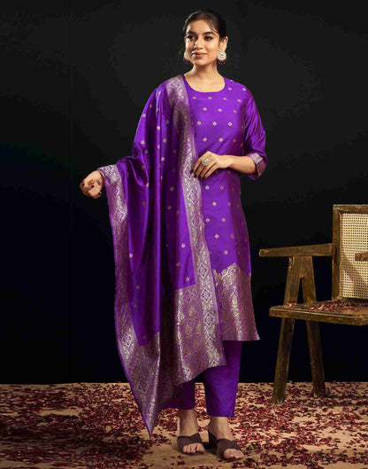 Violet Silk Woven Straight Kurta Set With Dupatta