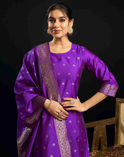 Violet Silk Woven Straight Kurta Set With Dupatta