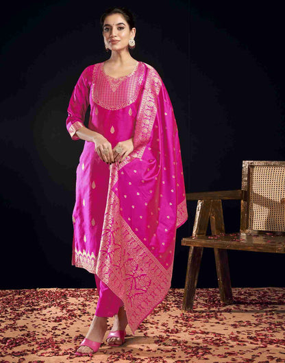 Rani Pink Silk Woven Straight Kurta Set With Dupatta