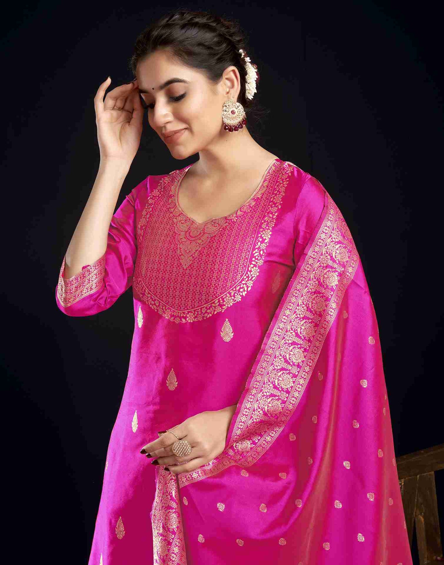 Rani Pink Silk Woven Straight Kurta Set With Dupatta