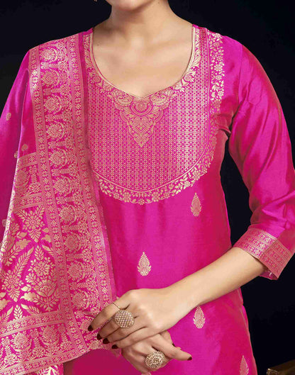 Rani Pink Silk Woven Straight Kurta Set With Dupatta