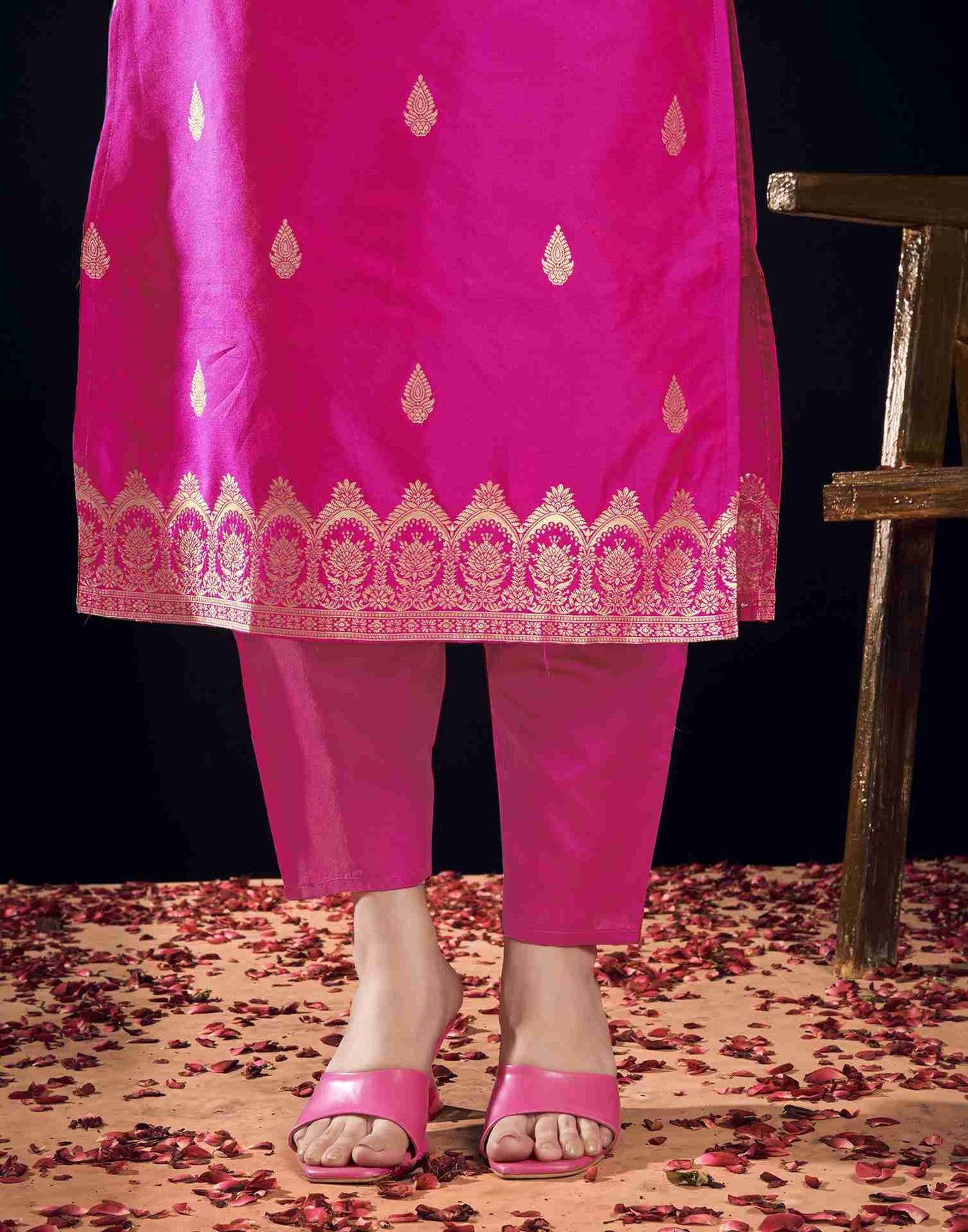 Rani Pink Silk Woven Straight Kurta Set With Dupatta