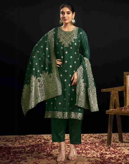 Bottle Green Silk Woven Straight Kurta Set With Dupatta