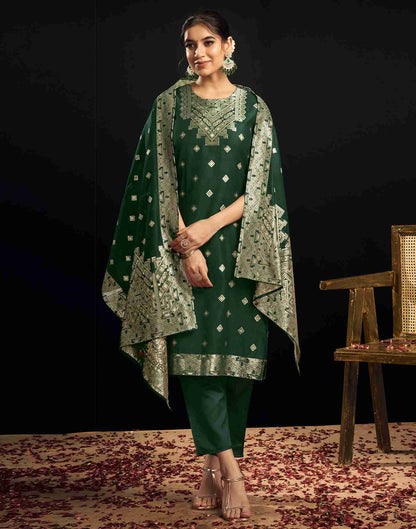 Bottle Green Silk Woven Straight Kurta Set With Dupatta