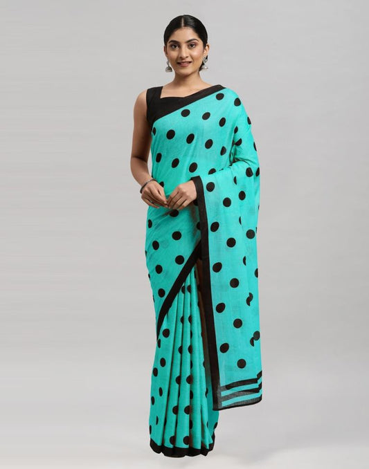Turquoise Blue Printed Cotton Saree