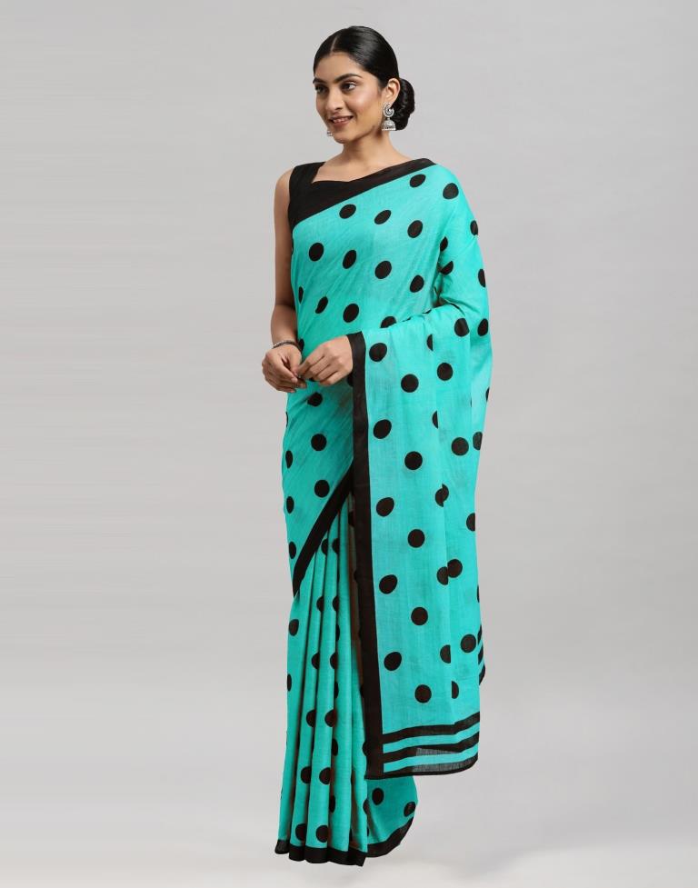 Turquoise Blue Printed Cotton Saree