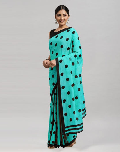 Turquoise Blue Printed Cotton Saree