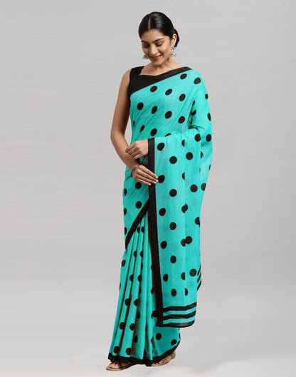 Turquoise Blue Printed Cotton Saree