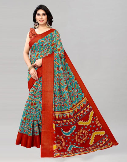 Pine Green Coloured Poly Cotton Border Jari Patta Patola Printed Saree | Sudathi