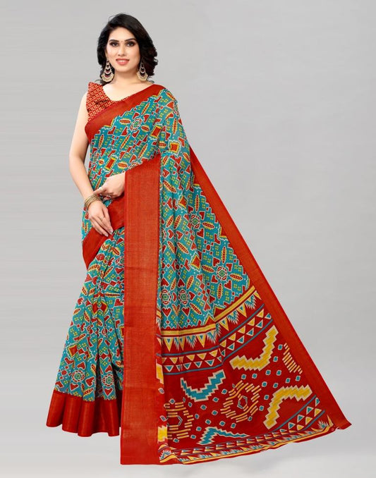 Pine Green Coloured Poly Cotton Border Jari Patta Patola Printed Saree | Sudathi