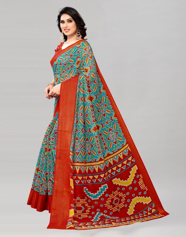 Pine Green Coloured Poly Cotton Border Jari Patta Patola Printed Saree | Sudathi