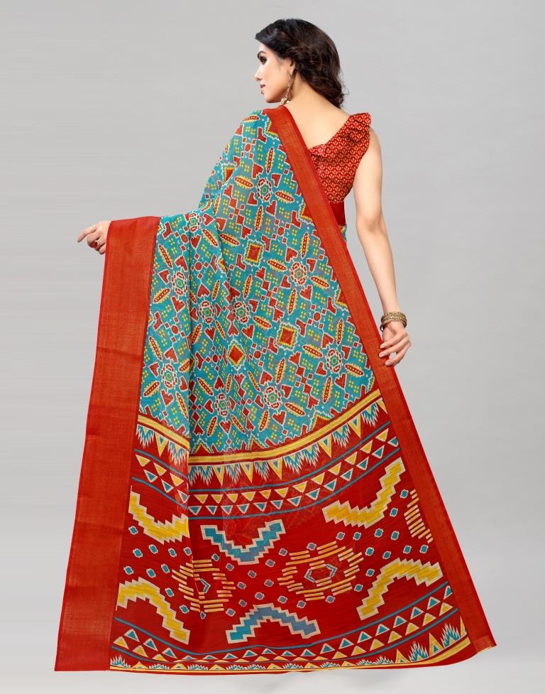 Pine Green Coloured Poly Cotton Border Jari Patta Patola Printed Saree | Sudathi