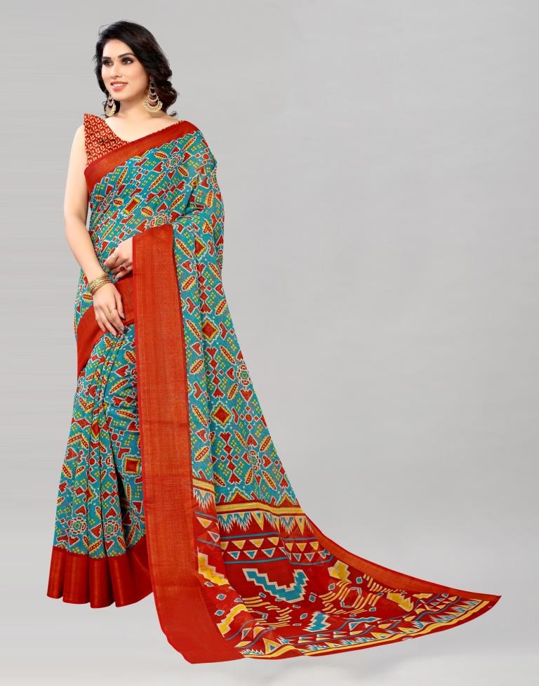 Pine Green Coloured Poly Cotton Border Jari Patta Patola Printed Saree | Sudathi