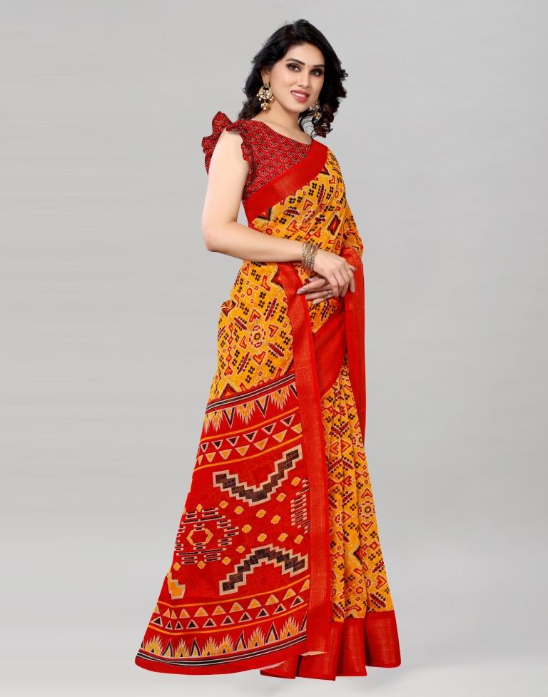 Turmeric Yellow Coloured Poly Cotton Patola Printed Saree | Sudathi