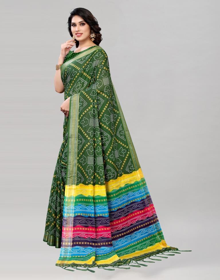 Green Coloured Cotton Bandhani Printed Saree | Sudathi