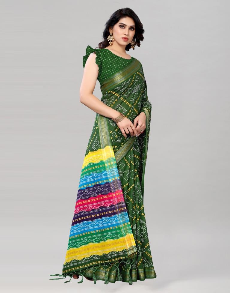 Green Coloured Cotton Bandhani Printed Saree | Sudathi