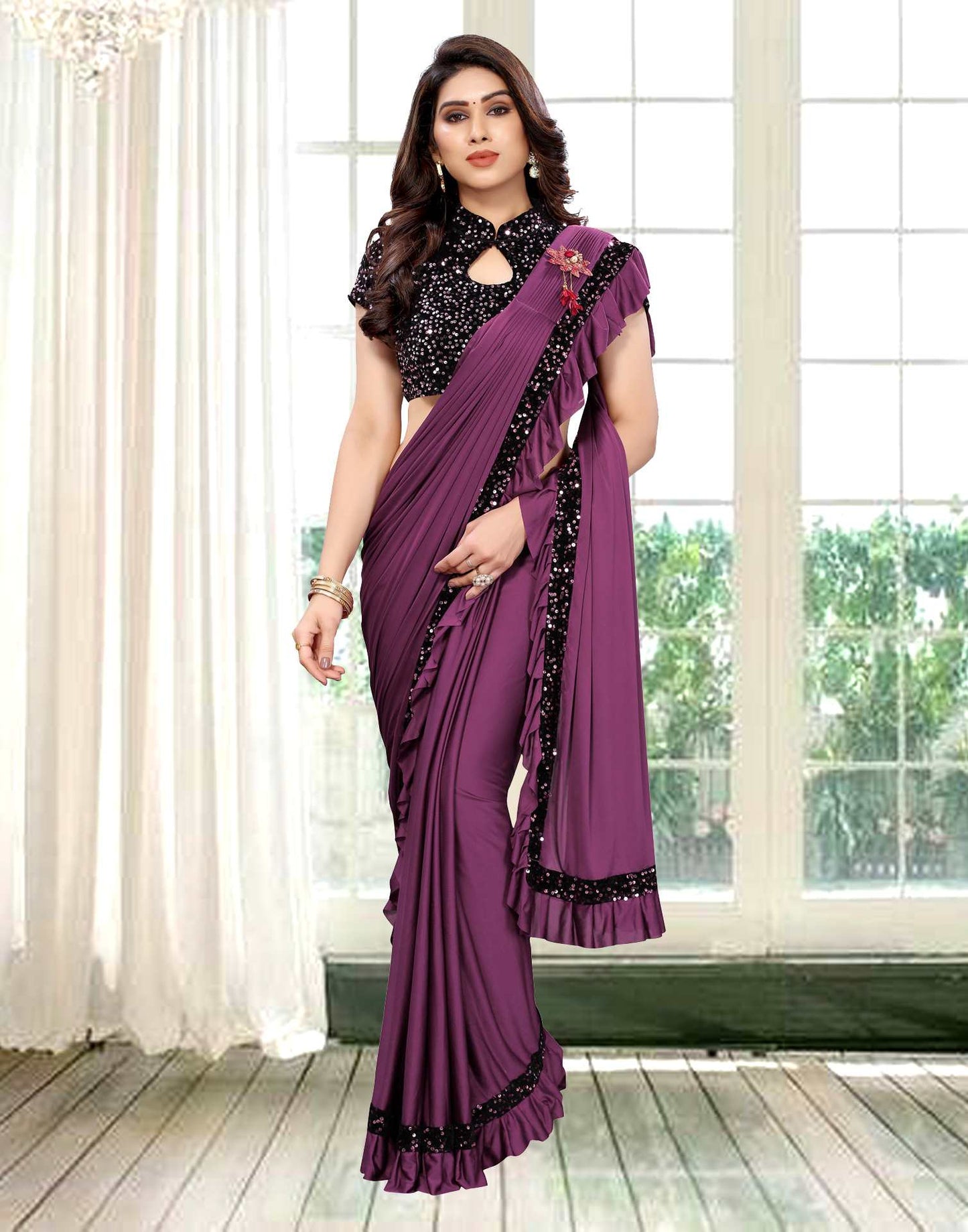 Magenta Coloured Lycra Dyed Saree