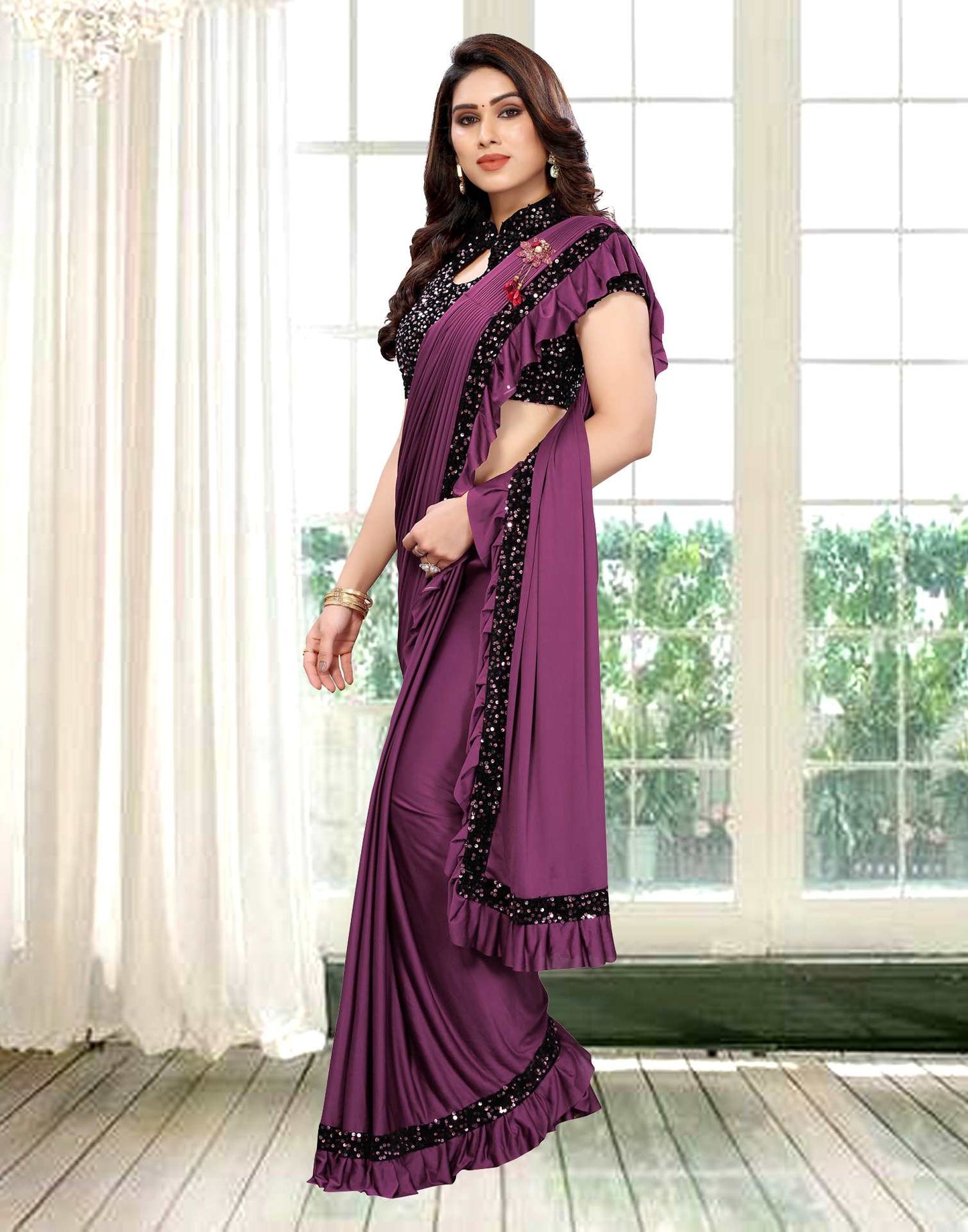 Magenta Coloured Lycra Dyed Saree