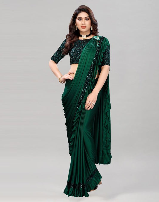 Bottle Green Coloured Lycra Dyed Saree | Sudathi
