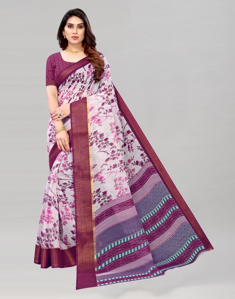 White Coloured Poly Cotton Printed Saree | Sudathi