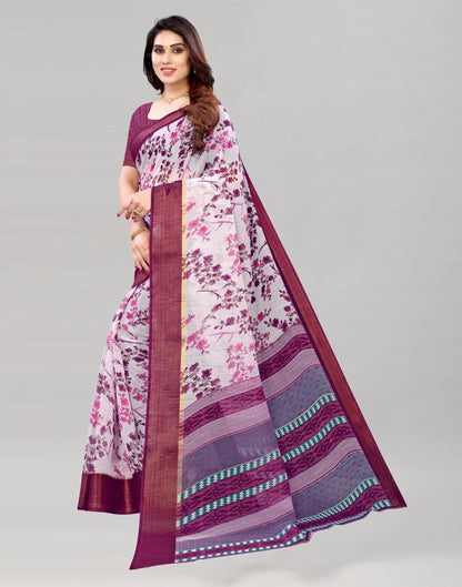 White Coloured Poly Cotton Printed Saree | Sudathi