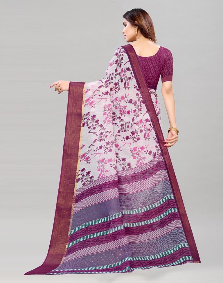 White Coloured Poly Cotton Printed Saree | Sudathi