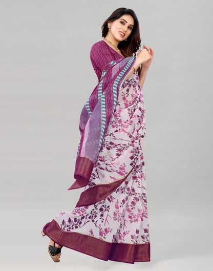 White Coloured Poly Cotton Printed Saree | Sudathi