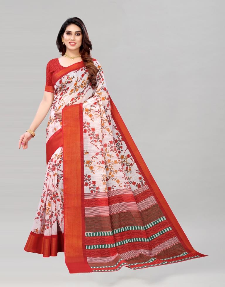 White Coloured Poly Cotton Printed Saree | Sudathi