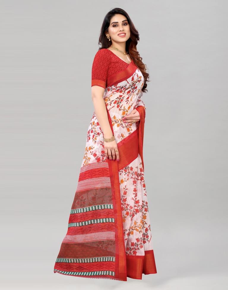 White Coloured Poly Cotton Printed Saree | Sudathi