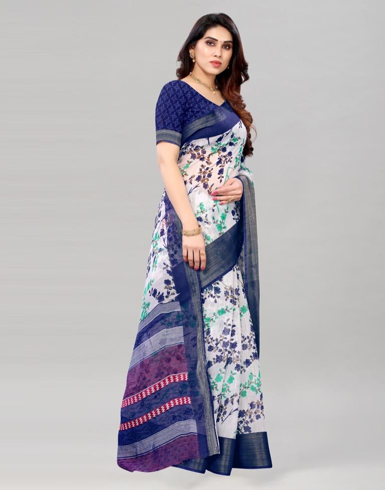 White Coloured Poly Cotton Printed Saree | Sudathi