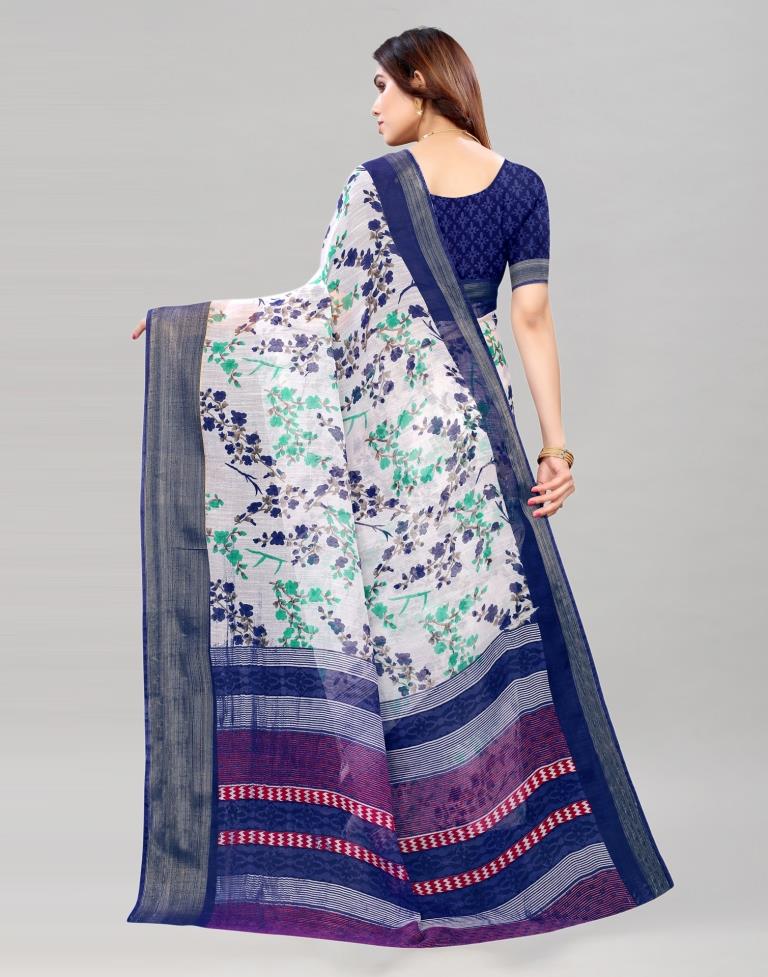 White Coloured Poly Cotton Printed Saree | Sudathi