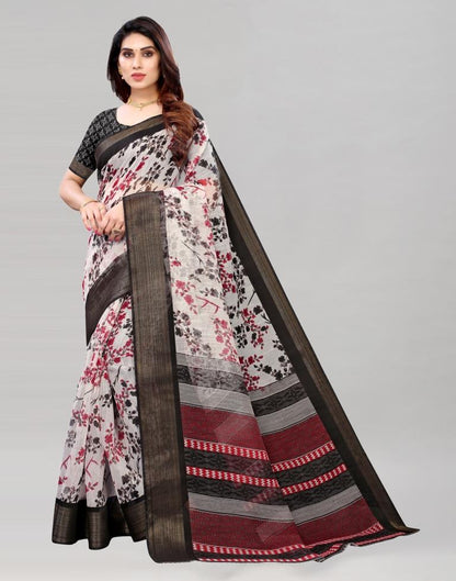 White Coloured Poly Cotton Printed Saree | Sudathi
