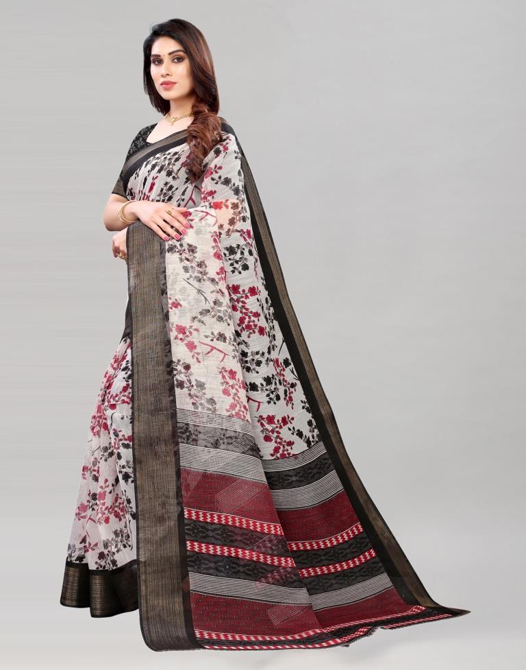 White Coloured Poly Cotton Printed Saree | Sudathi