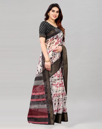 White Coloured Poly Cotton Printed Saree | Sudathi