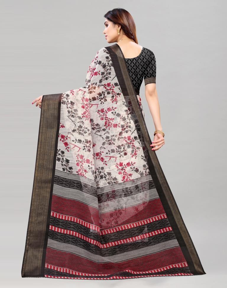 White Coloured Poly Cotton Printed Saree | Sudathi