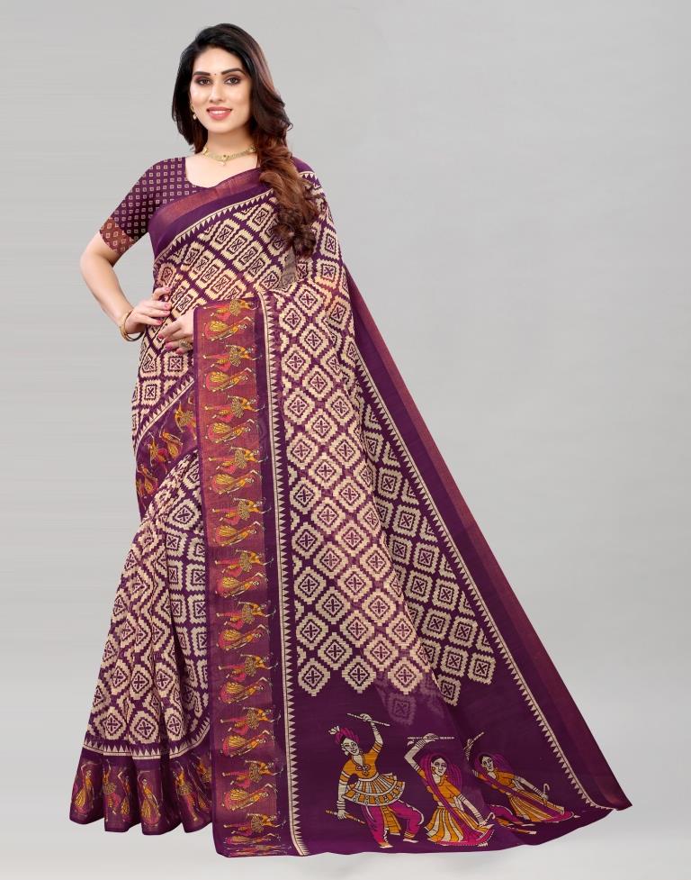 Wine Coloured Poly Cotton Printed Saree | Sudathi