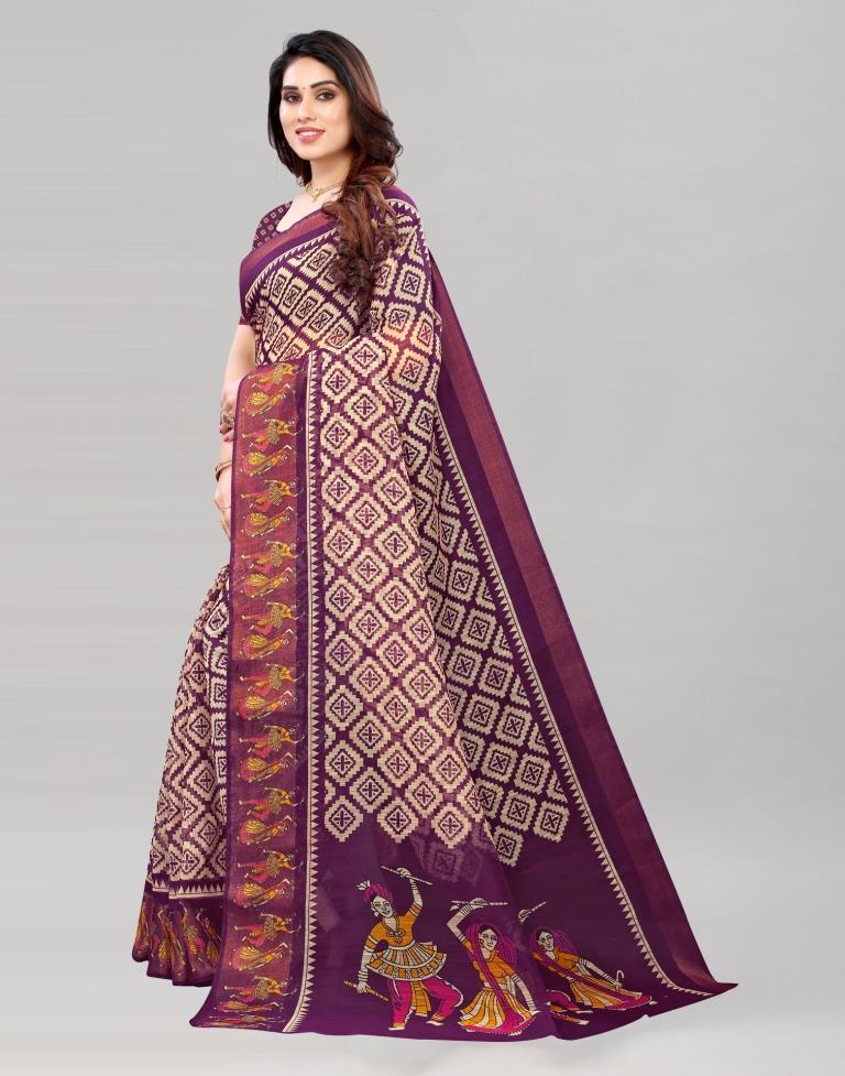 Wine Coloured Poly Cotton Printed Saree | Sudathi