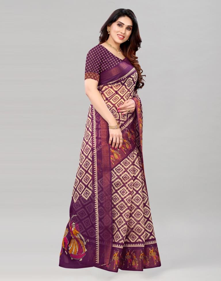 Wine Coloured Poly Cotton Printed Saree | Sudathi