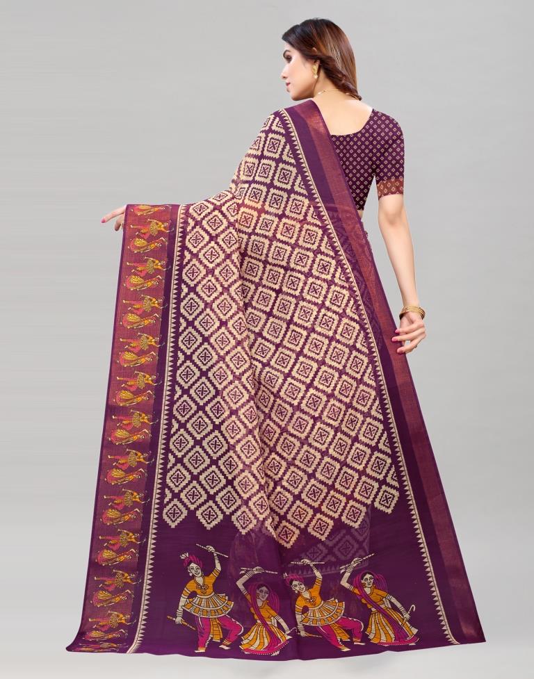 Wine Coloured Poly Cotton Printed Saree | Sudathi