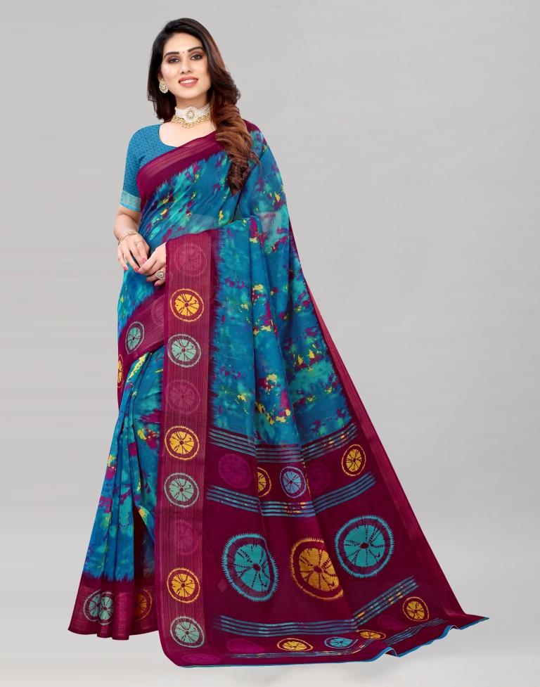 Blue Coloured Poly Cotton Printed Saree | Sudathi