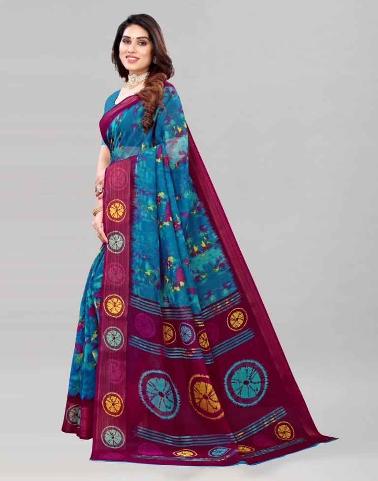 Blue Coloured Poly Cotton Printed Saree | Sudathi