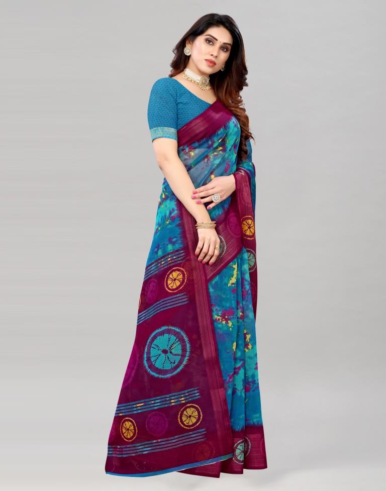Blue Coloured Poly Cotton Printed Saree | Sudathi
